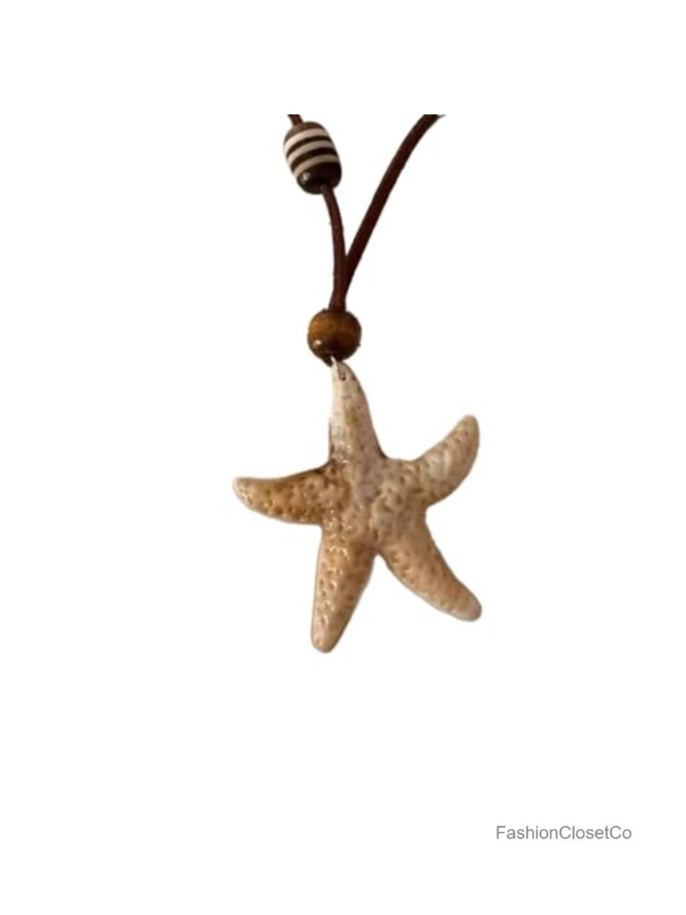 Starfish Shell Pendant Necklace Wooden Beads Brown Leather Cord Boho Beach